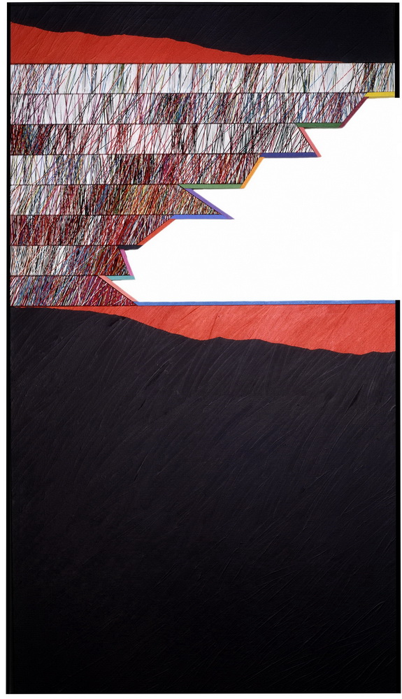 1982, enchanted sea, cm 66,5x117, acrylic and cotton yarn on panel (priv. coll.)