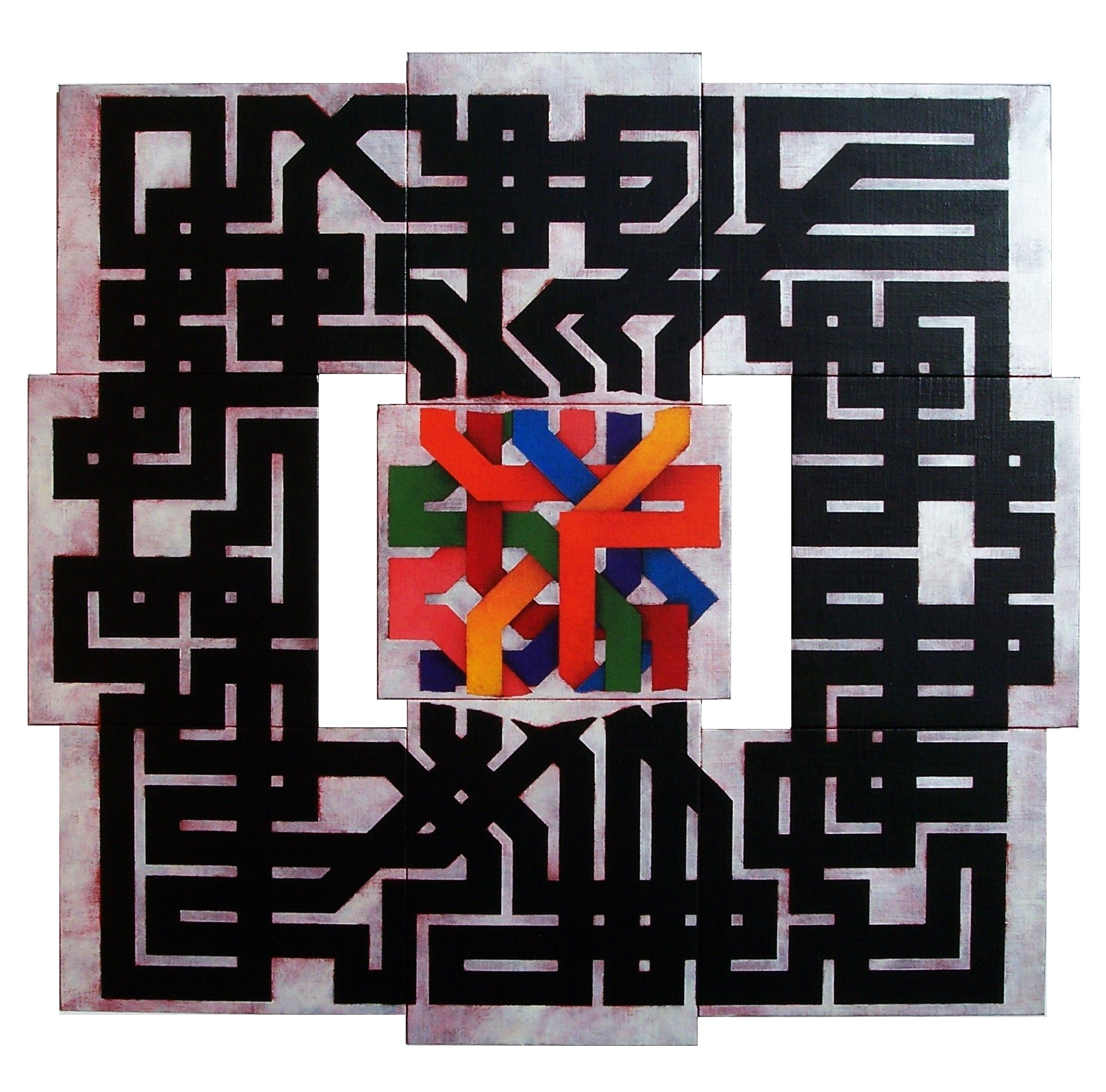 2007, Labirinto interrotto 07/4, cm 91x86, acrilico su tela su tavola